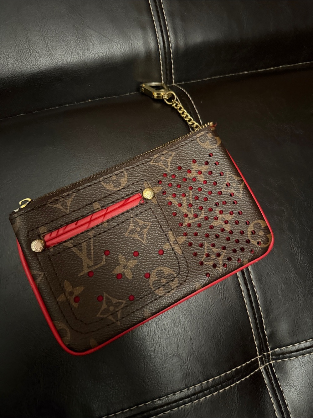 Designer-Inspired Monogram Wristlet Pouch in Brown and Red